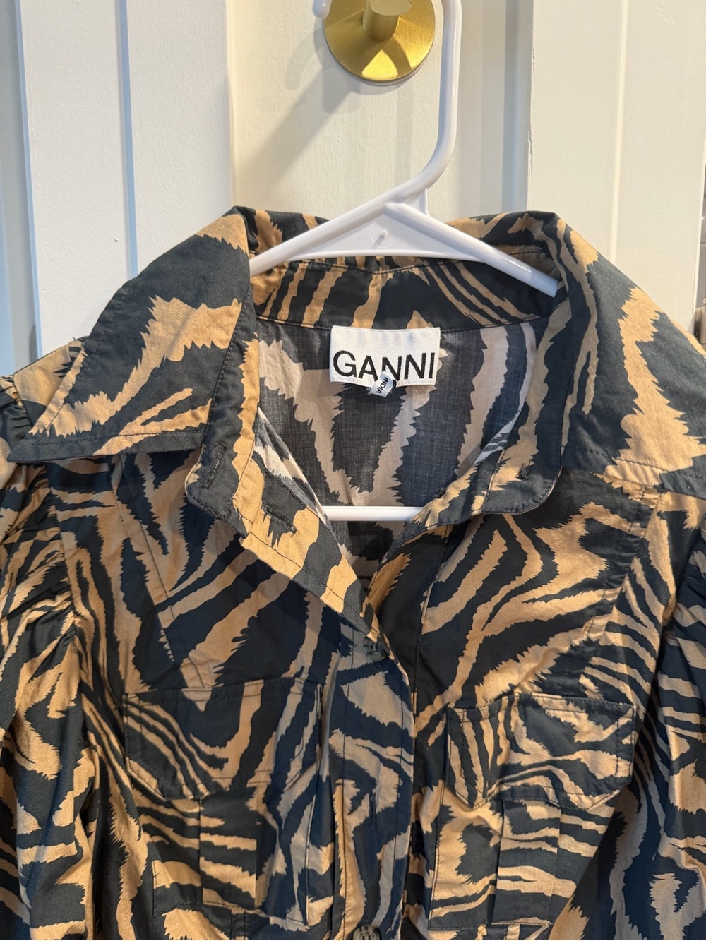 Ganni Black and Tan Zebra-Print Midi Dress
